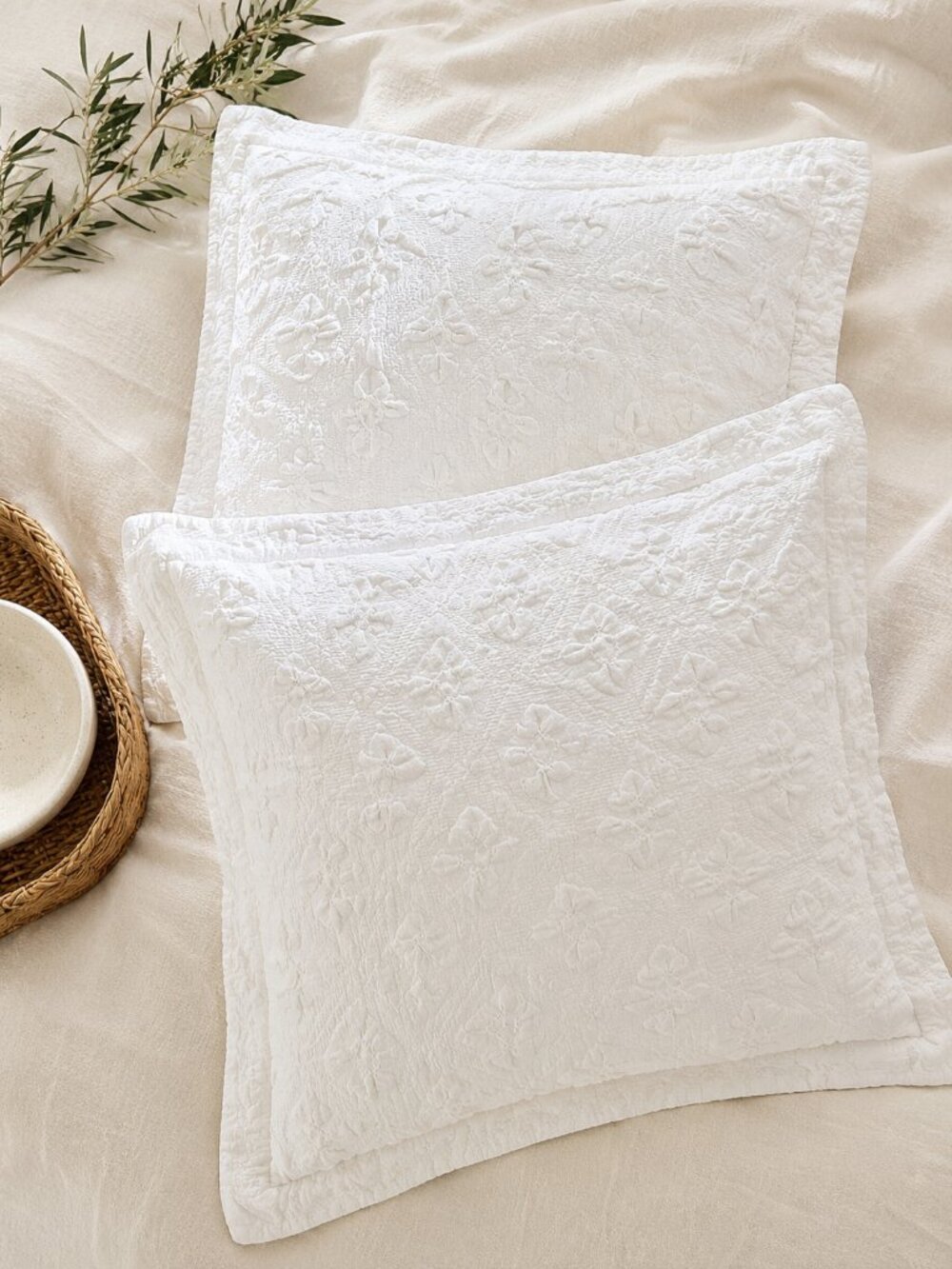 Pair of DOCOFIL White Floral Textured Euro Pillow Shams 28x28 Portugal Cotton